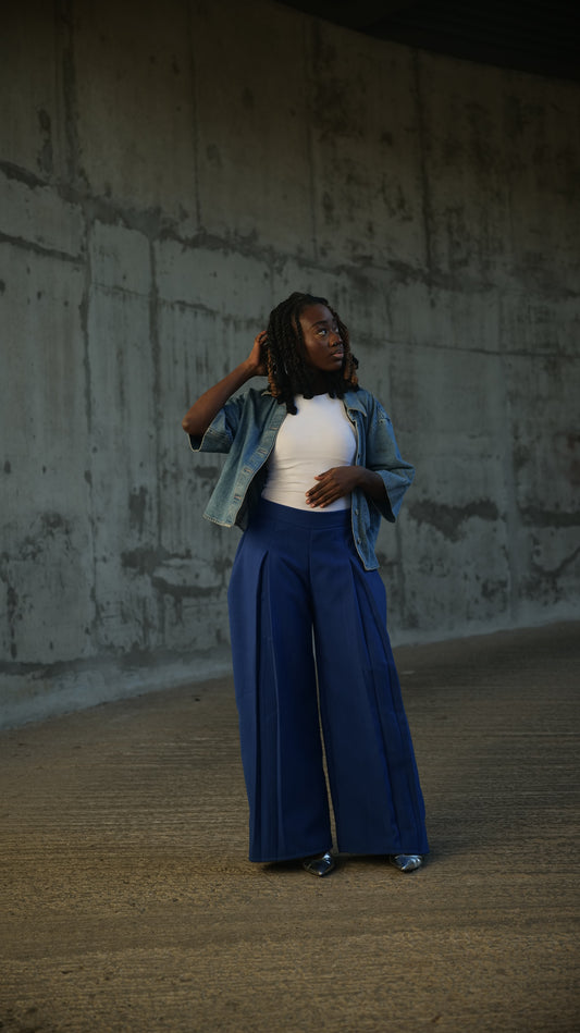Tailored 'UNFOLD' Mid- Rise Blue Pleated Wool Trousers